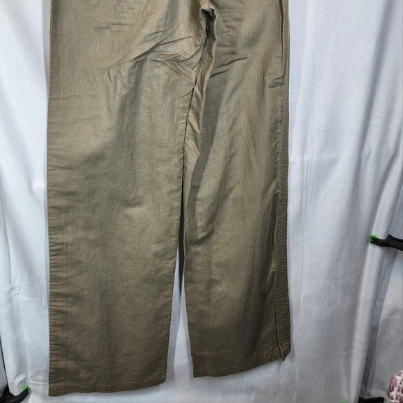 MNG Linen-blend Fold-Waist Wideleg Pants Dark Khaki Size Medium Pull On Stretch - Picture 8 of 12